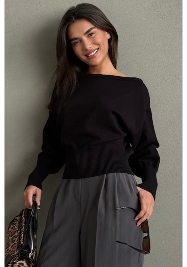 Madmext Siyah Ribbed Asimetrik Kesimli Kadın Kazak Mg2744