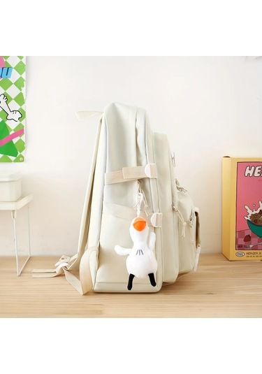 Honeybeeshop Mavi Kolye Ucu 5li Duz Renk Canvas Okul Cantasi Seti Buyuk Kapasiteli Sirt Cantasi