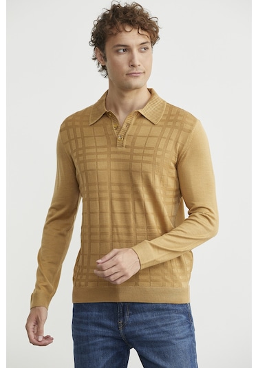 Sementa Polo Yaka Ekose Motifli Triko Kazak - Kamel CAMEL