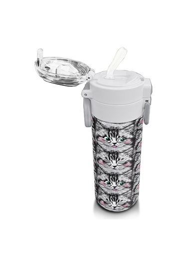 Coral High Kids Gri Kedi Desenli Pipetli Ve Direkt İçim Çelik Termos 500 Ml 31851 Gri