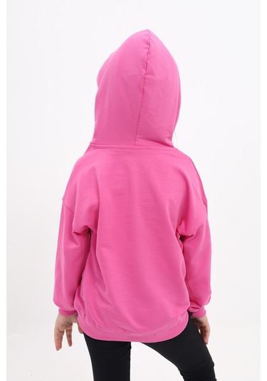 Kız Çocuk Relax Fit Kapüşonlu Düşük Omuz Baskılı Sweatshirt - 2 İplik Fuşya