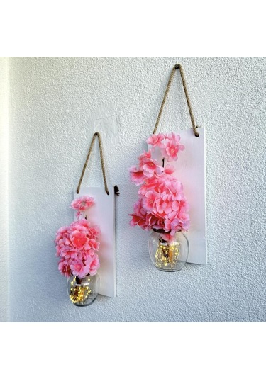 Led Işıklı, Pembe Bahardalı Çiçekli Duvar Dekoru Beyaz İkili Set Beyaz