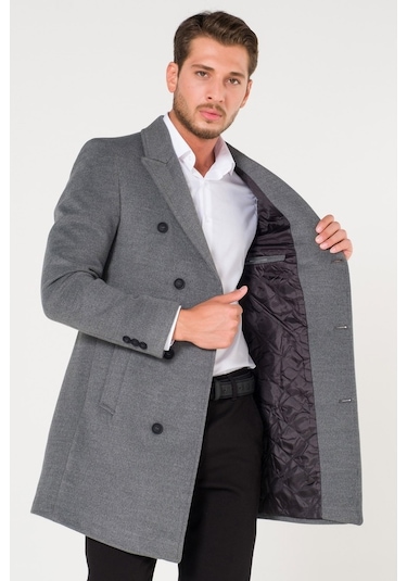 Erkek Kruvaze Düz Gri Kışlık Slim Fit Kaşe Kaban-Gri