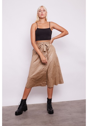 Kraş İnce Deri Yüksek Bel Yan Cepli Kiloş Uzun Etek-Bej
