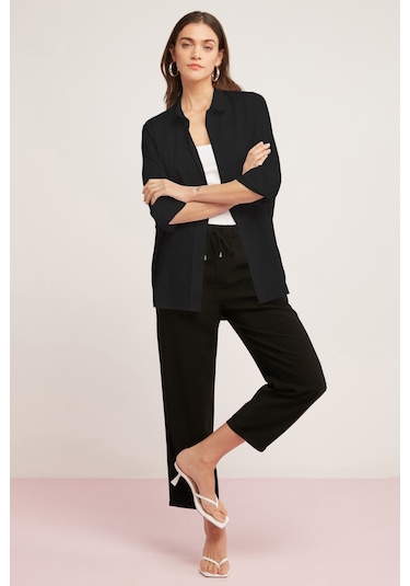 Ethıquet Georgıa Kadın 100% Pamuk Poplin Oversize Fit Siyah Gömlek