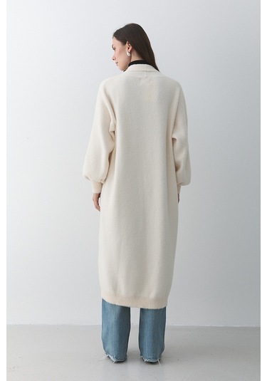 Krem Boydan Uzun Triko Hırka - 251015 Krem