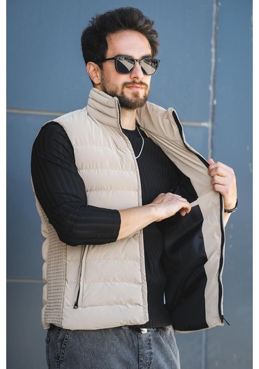 Lordy Örgü Detaylı Cepli Dik Yaka Nova Parlak Kumaş Erkek Şişme Yelek Camel