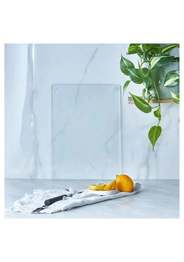 Cam Kesme Tahtası, Büyük Boy Kesme Tahtası, Kenarları Oval Sunumluk, Antibakteriyel 25x35 Cm Şeffaf