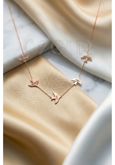 925 Ayar Gümüş İsimli Kırlangıç Kolye Rose Gold
