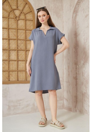 Kadın Bol Kesim Polo Yaka Kısa Kollu Günlük Kısa Midi Elbise Dizüstü 2883200 Gri