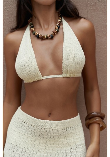 Pangestu Üçgen Sarı Crop Etek Triko Takım Sarı