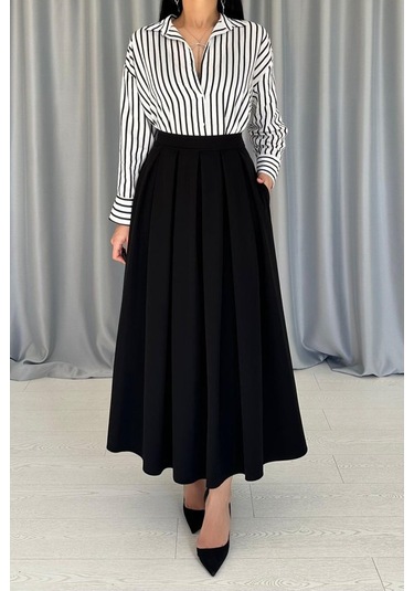 Siyah Uzun Pileli Etek Siyah
