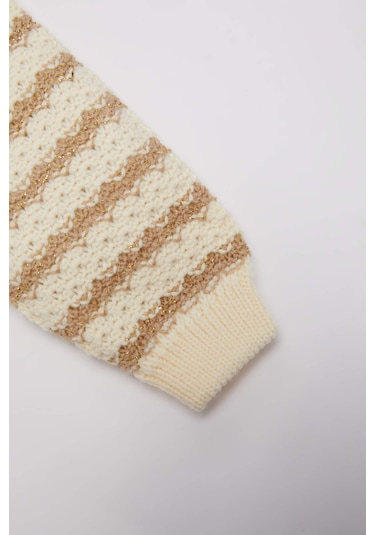 DeFacto Kız Bebek Bisiklet Yaka Çizgili Triko Kazak C8273A524WNER105 Ekru