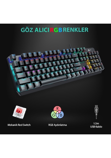 Lecoo GK301 USB Kablolu Red Switch Makrolu RGB Gaming Mekanik Türkçe Q Klavye Metalik Gri