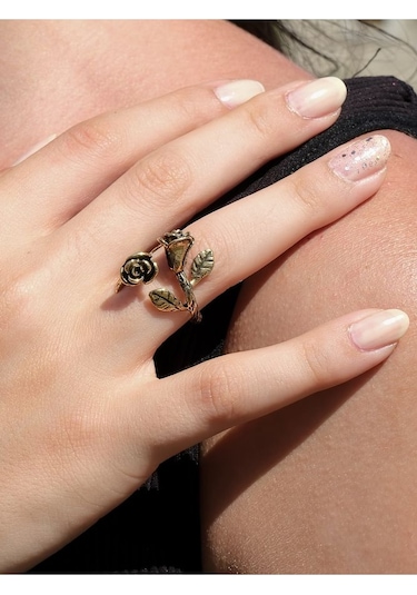 Ikili Gül Işlemeli Antik Eskitme Ayarlanabilir Kadın Yüzük Euy9 Sarı