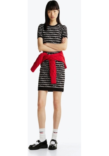 Tommy Hilfiger Kadın Baskılı Mini Kazak Elbise Siyah