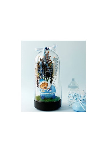 Mobgift Çiçek Altında Yeni Doğan Bebek Tasarımlı Işıklı Fanus Ma Mavi