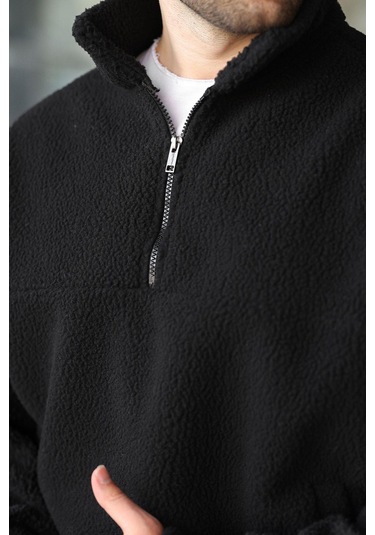 Madmext Siyah Yarım Fermuarlı Dik Yaka Polar Sweatshirt E7165 Siyah