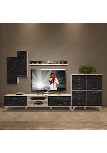 Decoraktiv Eko 6 Mdf Dvd Retro Tv Ünitesi Tv Sehpası Beyaz - Siyah Mermer