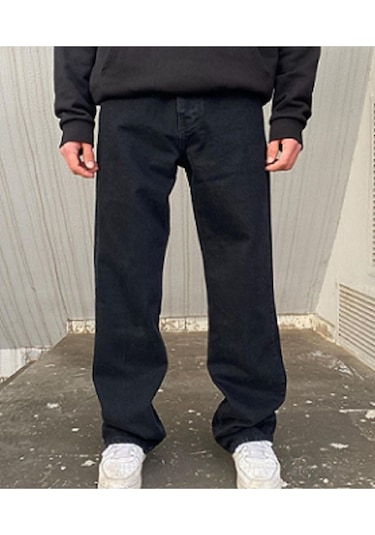 Erkek Baggy Butter Fly Jeans Salaş Kemer Arkası Lastikli Kot Pantolon Siyah
