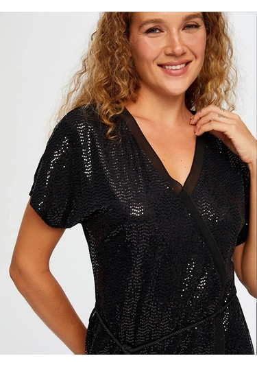 Faik Sönmez Şifon Garnili Kısa Kol V Yaka Payet Kadın Abiye Elbise Uw26aby014 Siyah