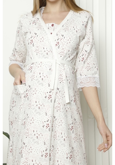 Hamile Sabahlık Tunik Gecelik İkili Takım Likralı Beyaz