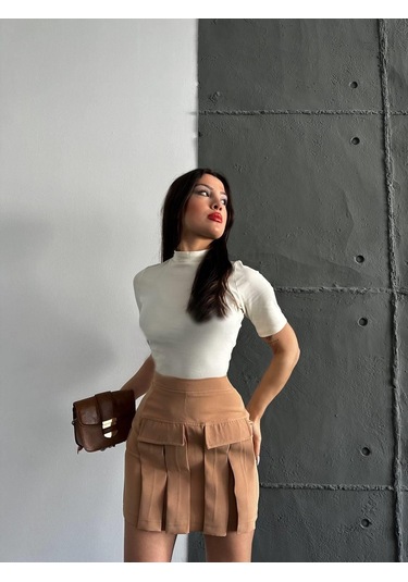 Kadın Camel Kargo Cep Detaylı Pileli Mini Etek-camel Camel