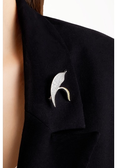 Lilyum Yaprağı 18 Ayar Beyaz Altın Kaplama Gümüş Broş Beyaz Altın Kaplama