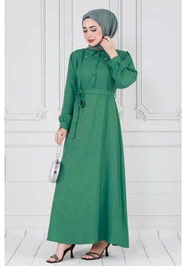 İnci Detaylı Kuşaklı Tesettür Elbise-yeşil-3587-kiremit Kiremit