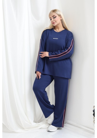 Kadın Büyük Beden Uzun Kollu Şerit Detaylı Oysho Tarzı Modal Kumaş Takım Lacivert