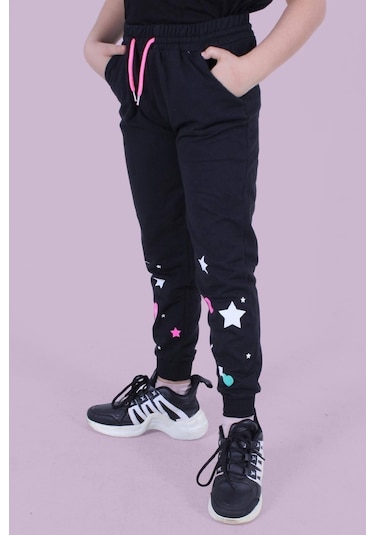 Kalp Ve Yıldız Desen Detaylı Kız Çocuk Siyah Eşofman Altı Siyah