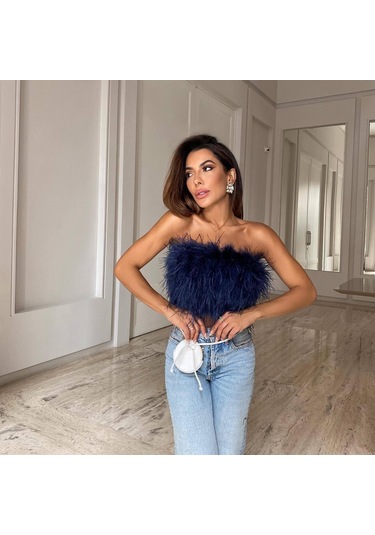 Yaz Modası Kabarık Çok Renkli Kolsuz Tüylü Kılıf Üst Lacivert