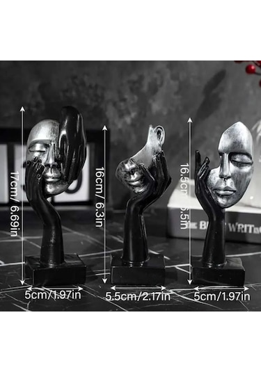 Eskitme Gümüş Soyut El Yüz Biblo Heykel Dekoratif Obje Seti