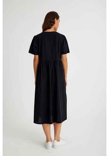 Barbora Keten Günlük Rahat V Yaka Beli Büzgü Detaylı Düğmeli Elbise Ln04siyah4 001