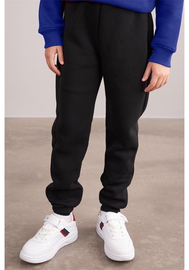 Çocuk 3 İplik Eşofman Altı Düz Renk Ribanalı E28 Siyah