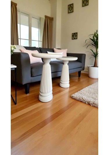 Modern Beyaz Mantar Sehpa 2 Li Set Ahşap Yan Sehpa Takımı