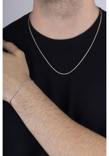 Gümüş Pazarım İtalyan Model Klasik Erkek Gümüş Zincir Kolye Bileklik Kombini Çok Renkli