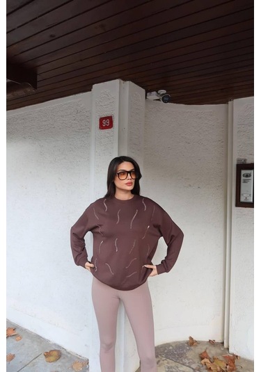 Cemo Günlük Uzun Kollu Bisiklet Yaka Basic Bluz/sweatshirt Kahve