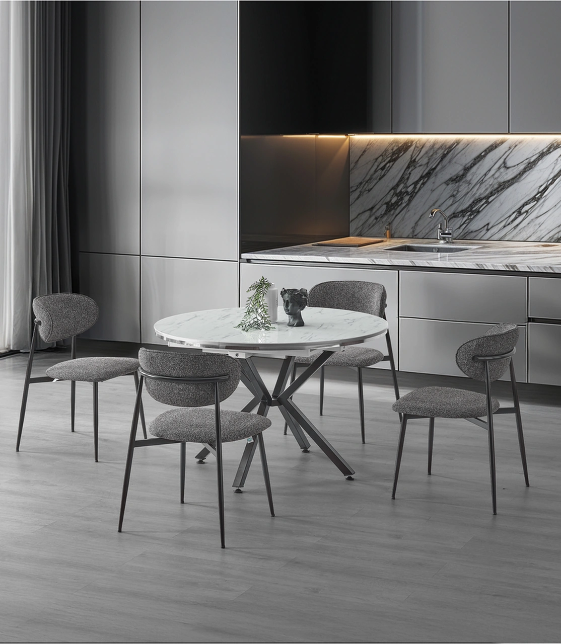 Dengema Zenit Plus Açılır Yuvarlak Masa Takımı Beyaz Mermer Siyah Ayak Ø120 160 Cm, 4 Sandalye Beyaz Mermer - Siyah Ayak