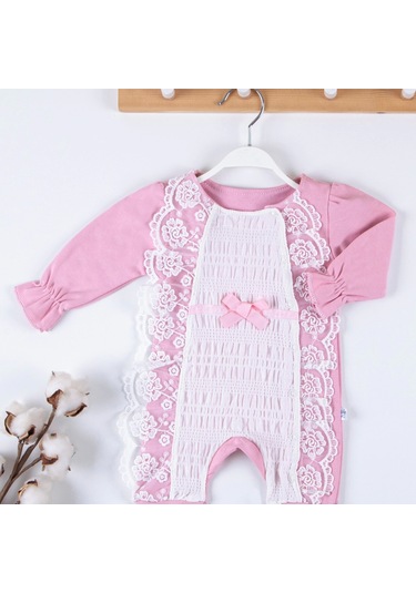 Candar 3-9 Ay Kız Bebek Tulumu Gofra Fransız Güpürlü Pembe Pembe