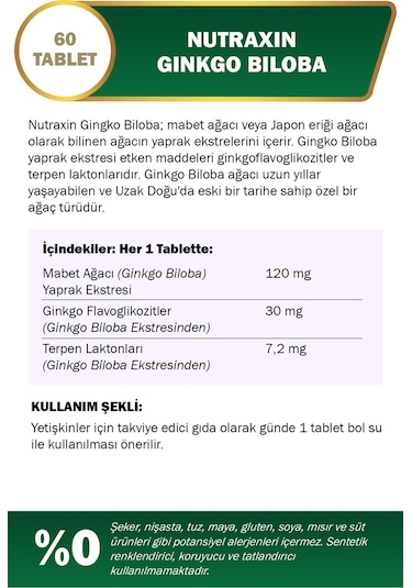 Nutraxin Ginkgo Biloba 120 Mg 60 Kapsül
