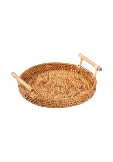 Geeksen El Dizaynlı El Yapımı Vietnam Rattan Geleneksel Tabak - Piknik, Meyve, Ekmek Taşıma Sepeti, Orta Boy İki Kollü Dayanıklı Kömür