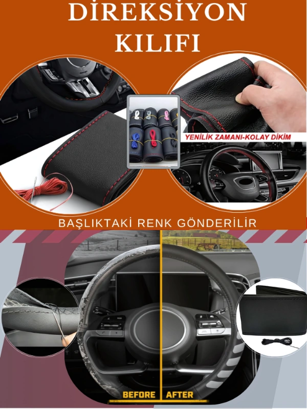 Audi A8 Yerli Üretim Suni Deri Direksiyon Kılıfı, Beyaz Şeritli Spor Dikiş Çok Renkli