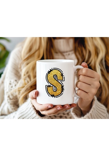 S Harfi Gold Simli Kupa Işıltılı Alfabe Harf Tasarımlı Kahve Kupası - Kişiye Özel Hediye Beyaz