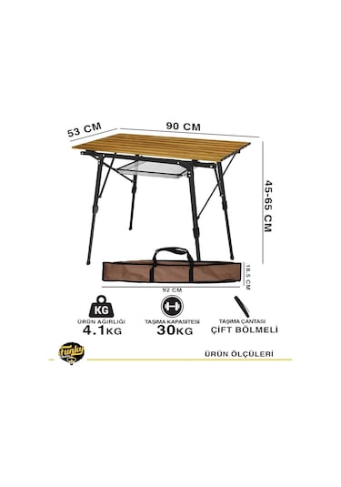 Funky Chaırs Elite Alüminyum Teleskopik Ayaklı Kamp Piknik Masası - Ahşap Desen Ahşap - Siyah