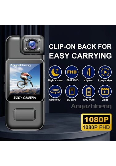 Xuweiwei Anyazhıneng Black Klipsli Spor Kamerası 1080p Fhd 180 Derece Döner Lens 1000mah Pil Döngü Kayıt
