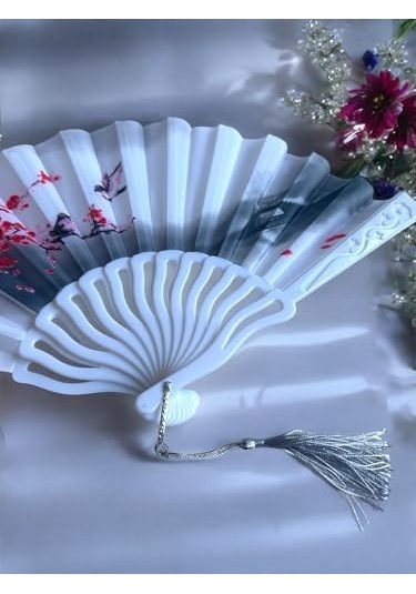 Japon El Yelpazesi, Kiraz Çiçeği Desenli, Beyaz, Püsküllü