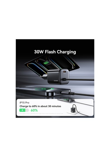 Usams Cc264 Gan Hızlı Şarj Cihazı Bloğu 30w Çift Bağlantı Noktalı Duvar Şarj Cihazı, C Tipi Kablo , Ab Tak Siyah