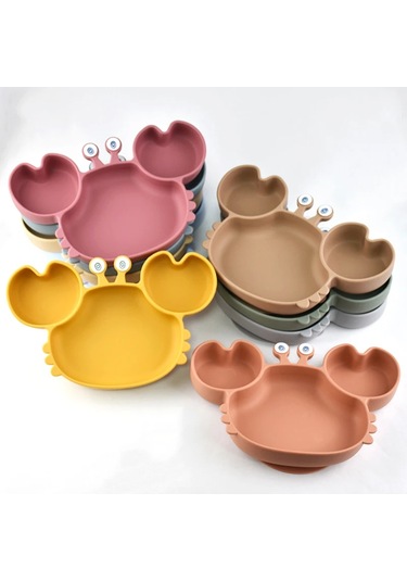 Bebek Güvenli Silikon Yemek Tabağı Emme Karikatür Çocuk Gri - Pembe