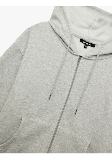 Koton Fermuarlı Kapüşonlu Kanguru Cepli Uzun Kollu Oversize Spor Sweatshirt Gri Melanj 6wak10151nk Gri Melanj